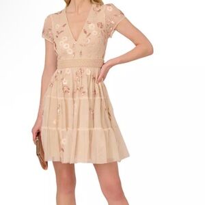 Adrianna Papell Sequin Floral Dress with Pearl Details